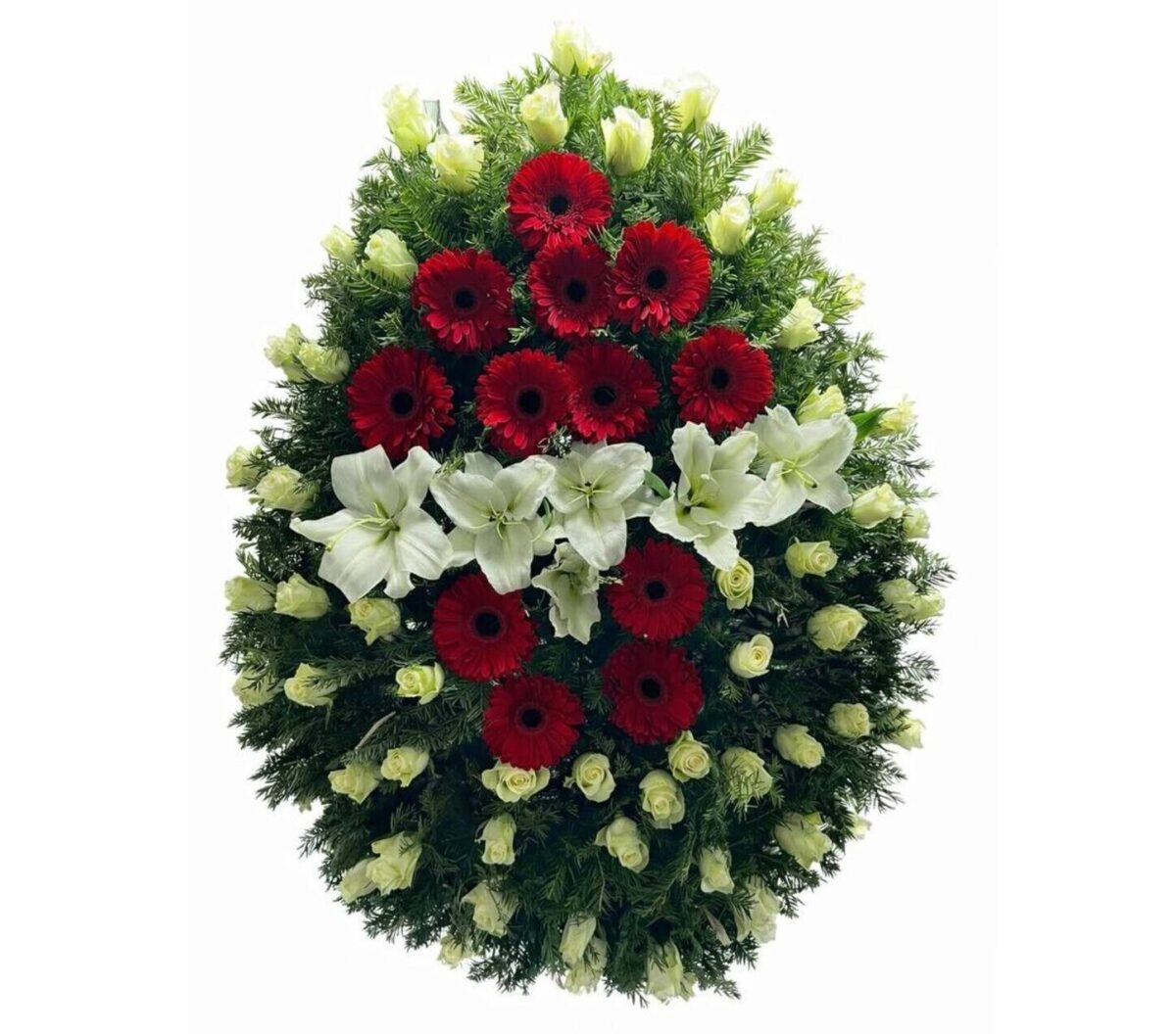 coroana funerara din trandafiri albi gerbera rosie si crin alb