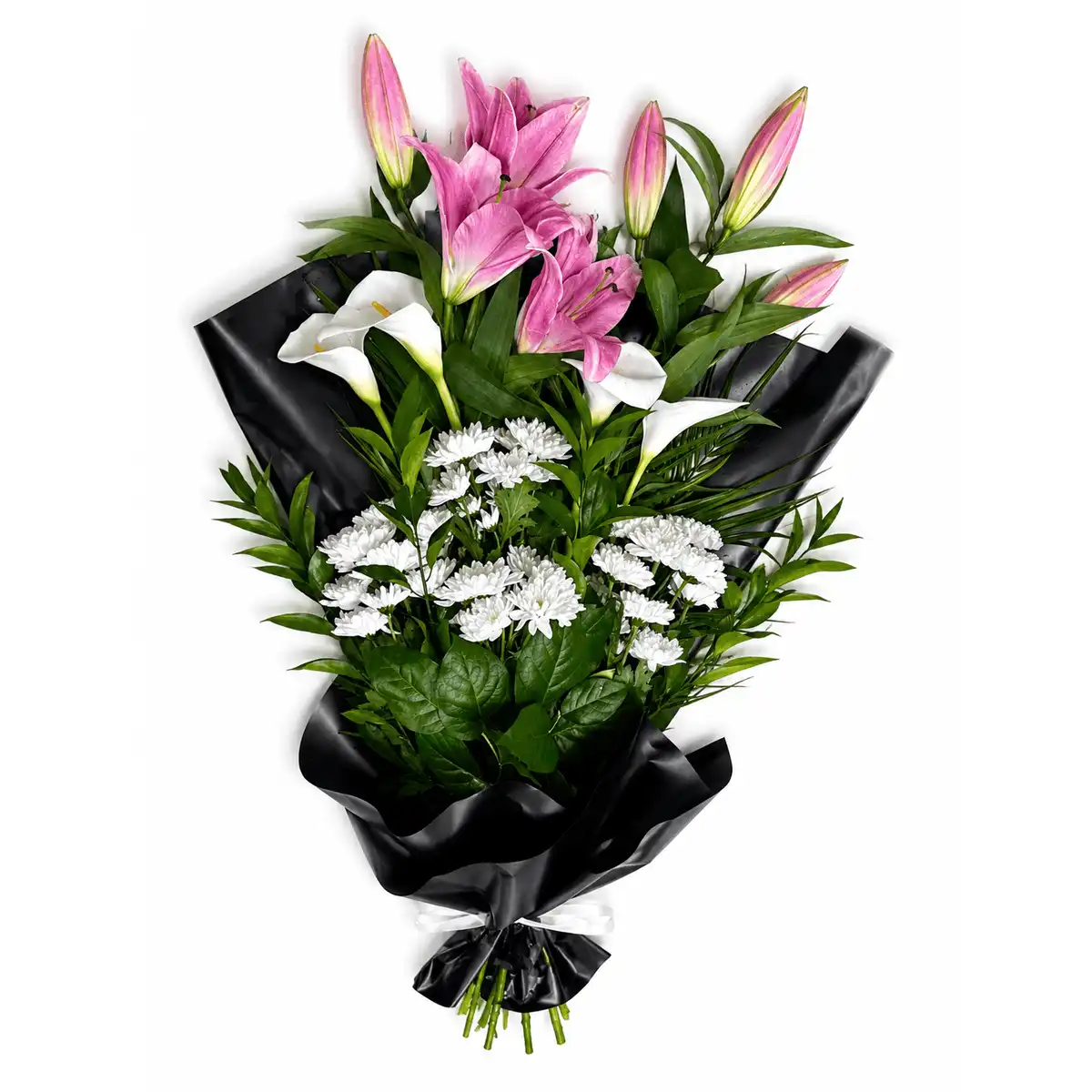 buchet-funerar-din-crini-roz-cale-albe-si-crizanteme-albe