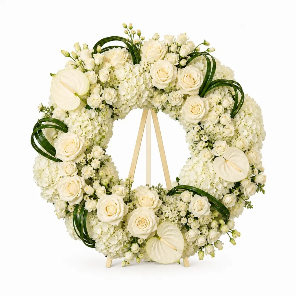 Coroană funerară rotundă C50 cu trandafiri albi, hortensii și anthurium