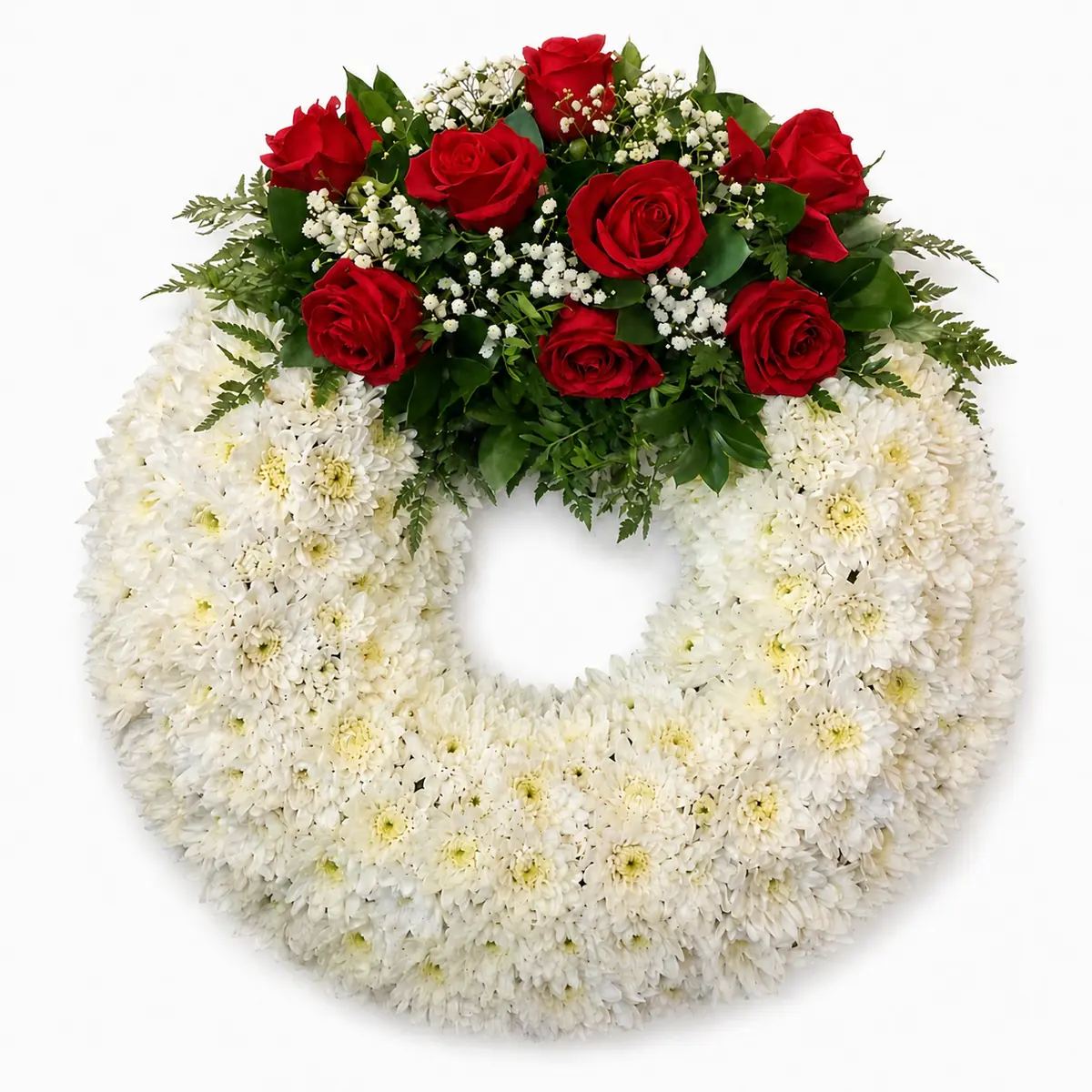 coroana-funerara-rotunda-omagiu-alb-rosu-crizanteme-trandafiri