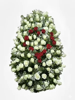 Coroană Funerară Trandafiri Albi și Inimă din Trandafiri Roșii, model tip lacrimă cu livrare în București.